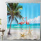 LB Blaues Meer Duschvorhang 180x200cm Rosa Flamingo am tropischen Strand Antischimmel Wasserdicht Badezimmer Vorhänge, Grüne Palme Extra Lange Polyester Stoff Bad Vorhang mit Haken