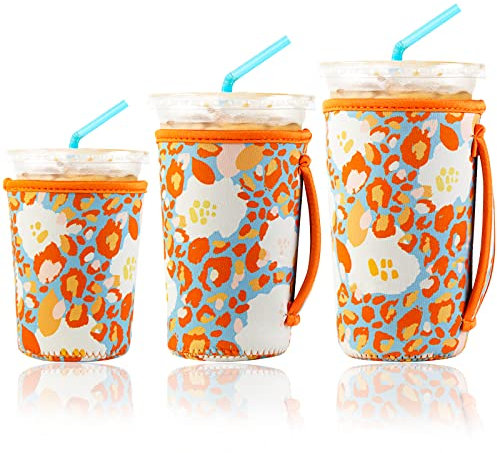 KJQJLY KJQJLY 3 Reusable Iced Coffee Sleeves for Iced Coffee Cups or Drinks Reusable Neoprene Insulated Sleeves for Hot and Cold Drinks from Starbucks, Dunkin, And More (Summer Abstract Flower)