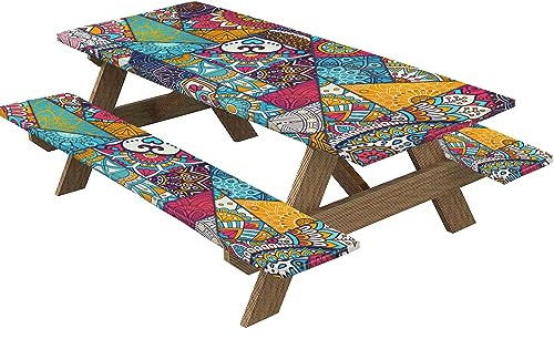 Highdi Nappes pour Table de Pique Nique avec Housses de Banc, Nappe Rectangulaire Ajustée Couverture de Table imperméable Élastique pour Extérieur, Jardin, Camping, Fête (30*72 pouces,kaléidoscope 2)