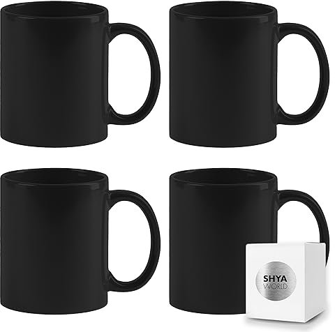 ShyaWorld Tazas de cerámica de 370ml de colores presentada en caja individual. Aptas para microondas y lavavajillas. (Negro, 4)