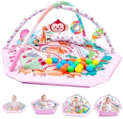 TFDER 8-in-1 Baby Spieldecke mit Spielbogen, Multifunktionsspielbogen für Neugeborene mit Bällebad,18 Bällen und mit 7 abnehmbaren sensorischen Spielzeugen, Krabbeldecken für Babys ab 0+ Monaten(Rosa)