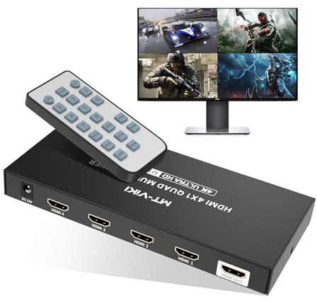 MT-VIKI 4K HDMI Multiviewer 4x1 w/IR Remote, 4K@30Hz Seamless HDMI Switcher 4 in 1 Out for PS4/PS5/Security Camera