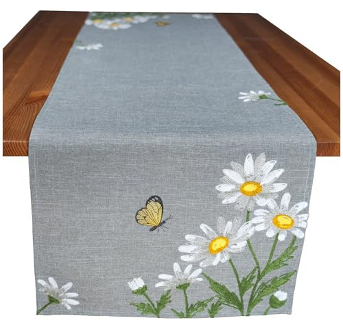 Läufer Tischdecke Leinen-Optik Bestickt Deko Esszimmer Serie Margariten Blumen Tischwäsche grau Stickerei Schmetterling Tischband Frühling Typ886 Tischläufer 40x140 cm weiß gelb