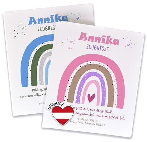 FEENSTAUB Personalisierte Zeugnismappe, Dokumentenmappe für Zeugnisse, Mappe mit Namen und Wunschtext, Zeugnisringbuch A4, Geschenk zur Einschulung, Ordner A4 Kinder, Regenbogen