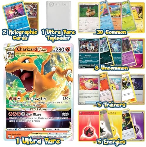 Ultra Rare Pokemon Cards Pack - 50 Cards with Guaranteed Holos, 1 Ultra Rare Card, and 1 Toploadar - Compatible with Pokemon TCG, Trading Card Games, Pokémon Cards Pack, Pokemon Toys for Boys & Girls!
