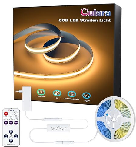 OULARA COB LED Streifen 10M 2700K Warmweiss Dimmbar 24V Flexibel LED Strip lights Set mit RF Fernbedienung und Netzteil,CRI90+ Hell Unterbauleuchte für Home DIY Dekoration,Timerfunktion