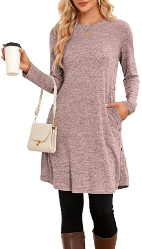 SENBATU Winter-Pullover-Kleider für Damen, Midi-Langarm, lässige Knöpfe, seitliches Tunika-Kleid mit Taschen, Mittelrosa, Grau