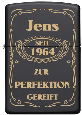 Schwarz Mattes Benzin-Sturmfeuerzeug mit Gravur Edle Gravur in Gold – Personalisierbar – Geschenk für Männer und Frauen (Motiv 1)
