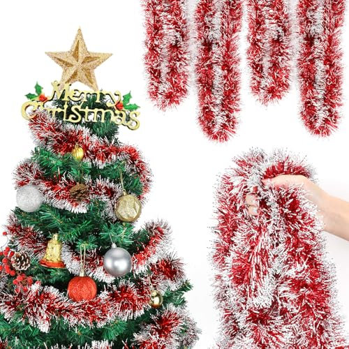 HOWAF 6 x 2M Girlande Weihnachten, Weihnachtsgirlande Treppe Rot Tannengirlande Lametta Weihnachtsbaum Girlande Weihnachtsbaum Lametta Girlande Weihnachtsdeko Girlande für Wand Tür Fenster Kamine