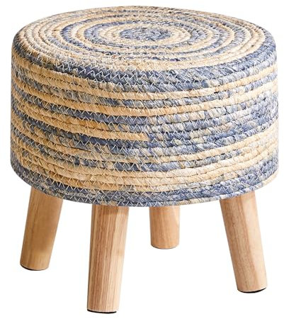 YMYNY Sitzhocker, Ottoman, Fußhocker aus Natürliches Seegras und Kiefernbeinen, in ländlichen Stil, Handgefertigt, für Schlafzimmer, Wohnzimmer, Kinderzimmer, Outdoor Blau und Weiß 32×32×32CM HBD027QW