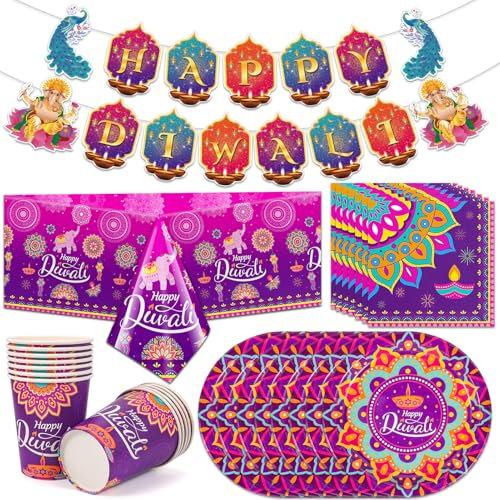 HOWAF Happy Diwali Decorations - Diwali Tableware Set, Banner, Table Cloth, 12 Sets Disposable Paper Plates, Cups, Napkins for Diyas, House Indian Decor