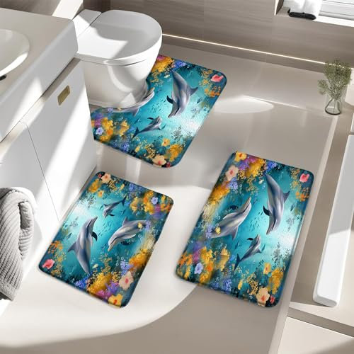 Wc Vorleger Set 3 Teilig Delphin Algen Korallenriffe Tropische Fische Blume Meerestiere Tier Meeresboden Sonnenstrahl Badteppich-Set 3-Teilig U-Förmiger Teppich rutschfeste Badezimmer-Garnitur