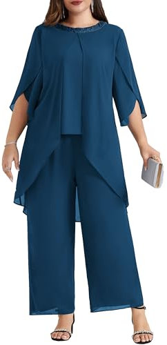 Hanna Nikole Festliches Outfit Damen GroßE GrößEn Abendanzug Chiffon Hosenanzug Eleganter Zweiteiler Hochzeitsgast Festmode Cocktail Abendmode Pailletten Tops Und Festliche HosenanzüGe Party Outfit