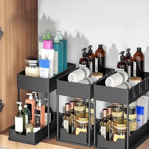 YOUNTHYE 3Pack Under Sink Storage, 2 Tier Under the Sink Organiser Slide Out Undersink Storage Kitchen Organiser Multi-Purpose Under Sink Organisers with 12 Hooks 3 Hanging Cup