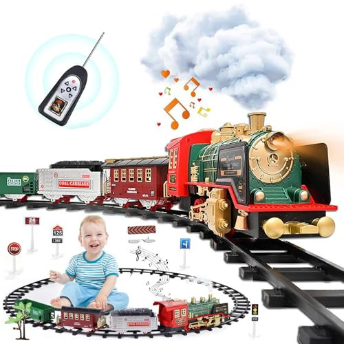Locomotive à Vapeur,Jouet de Train à Vapeur,Train Electrique Noel Jouet avec Fumé,Train de Noel,Train Electrique,Train Jouet pour Enfants,Ensemble de Train de Noël Cadeau de Noël