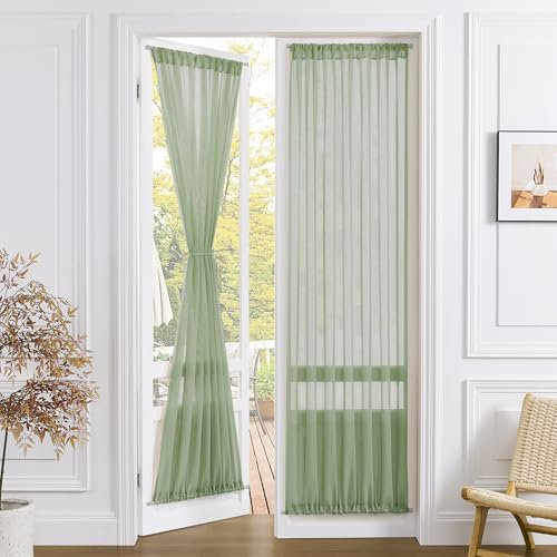 Tollpiz Sheer Door Curtain Closet Linen Textured Curtains Sheer Doorway Light Filtering Voile Patio Door Rod Pocket Curtain French Door, 54 x 72 inches Long, Sage Green, Set of 1 Panel