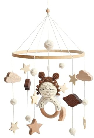 Ueiwffzo Mobiles Baby Holz, Handgemachtes Gehäkeltes Windspiel Bettglocke Mond Babybett Babyzimmer Decor Bett Mobiles Anhänger für Jungen Mädchen