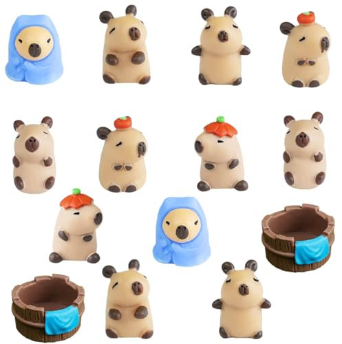 Skulpturen von 14 Niedlichen Mini Capybara Figuren,Kuchendekoration,Cupcake Toppers,Gartenfiguren,Feengarten-Zubehör,Mikro Landschaft Gartendekoration,Ornamente für Kugelfisch Geburtstagspartys
