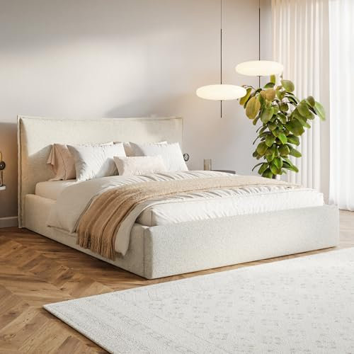 MOTIVENA Leno Bett 180x200 Beige Strukturstoff, mit Stauraum, mit Kopfteil, mit Lattenrost, ohne Füße, ohne Matratze, Polsterbett 180x200 mit Bettkasten Beige (Creme)