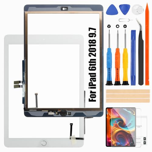 Écran Tactile pour iPad 6TH 2018 9.7 Digitizer Écran pour iPad 6 6th Remplacement A1893 A1954 avec Kit de Réparation (avec Home Bouton, Pas LCD, Blanc)