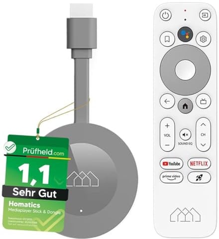 [Test SEHR GUT, Note 1.1 *] Homatics Dongle G 4K | Zertifiziert für Netflix & Google TV | Integrierter Chromecast WLAN LAN TV-Stick mit Google Assistant Fernbedienung & NONIC HDMI Verlängerungskabel
