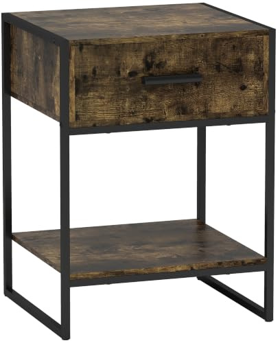 HOMCOM Bedside Table Storage Drawer Open Shelf Metal Frame Rustic Brown | Modern Nightstand, Side Table, for Bedroom, Living Room