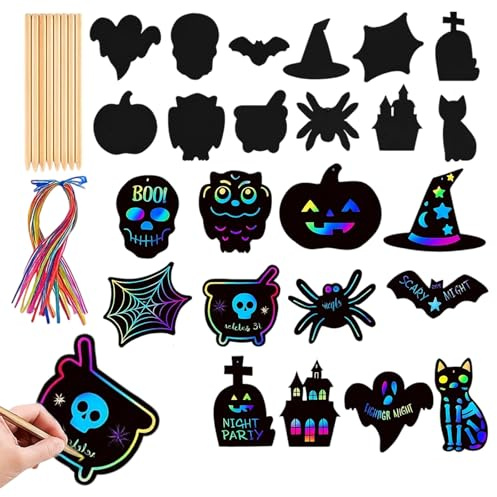 60 Stück Halloween Basteln Set, Kinder Kratzpapier, Fledermaus-Deko für Halloween-Fest, Halloween Deko Kinderparty, ideal für Jungen und Mädchen