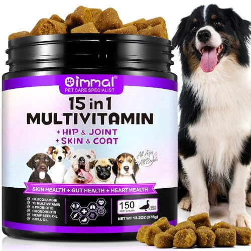 Natural Pet Vitamins 15‑in‑1 Multivitamin for Dogs – Immunity, Digestive, Joint, Heart & Skin Health Support – Duck-Flavoured Chews, 120 Digestive Treats with Vitamins, Biotin & Iron (150 Chews)