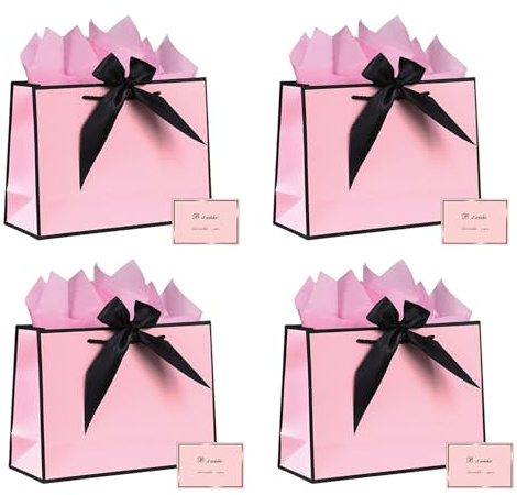 4 Pack Medium Gift Bag for Present, Birthday Gift Bags, with Wrappers and Cards, Party Bag with Handles for Women, Men, Weddings, Birthdays, Parties, Valentine's Day and Christmas