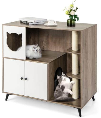 COSTWAY 5 en 1 Meuble Litiere Chat avec Condo, 3 Poteaux à Griffer en Sisal, Maison Chat pour 1-5 Chatons, 5 Pieds de Support en Métal, Maison de Toilette Chaton, Charge 30 kg, 100 x 51 x 91 cm