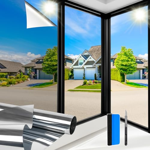 Zindoo Hitzeschutzfolie Fenster Fensterfolie Spiegelfolie 59.5x400cm | Sichtschutz Einseitig Blickdicht, UV-Schutz Silberne Sonnenschutzfolie, für Standard nach außen gerichtete Fenster