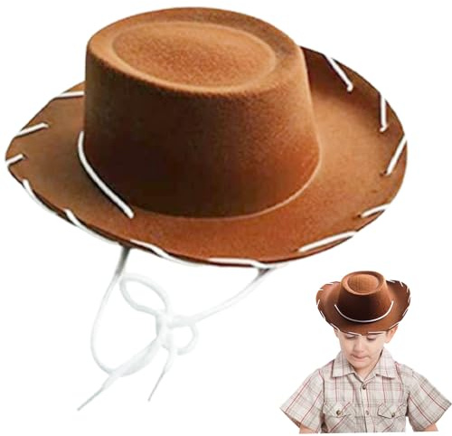 Peosaard Chapeau de cowboy marron, chapeau de cowboy pour enfants en tissu non tissé à large bord avec ficelle couleur unie pour habiller la fête d'Halloween, marron