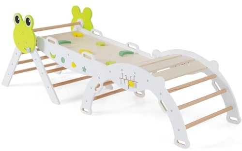 DREAMADE 8-in-1 Montessori Kletterdreieck Set mit Rutsche, Kletterbogen aus Holz für Kleinkinder ab 1 Jahre, Kletterspielzeug, Indoor Klettergerüst für Kinderzimmer (Weiß,Frosch-Leiter)