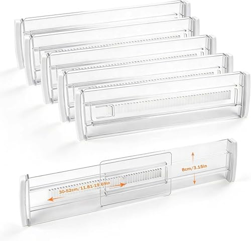 HGRGHH 6 Stück Schubladentrenner Verstellbar, Transparente Schubladenteiler, Kunststoff Schubladen Trenner, Schubladen Organizer für Küchenspeicher, Schlafzimmer, Schreibtisch, Kommode(30-52cm)