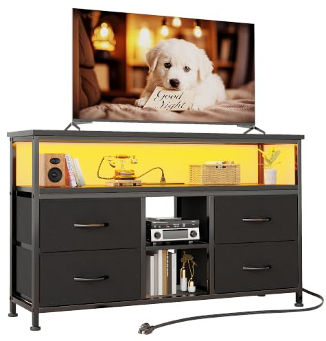 VERMESS 110cm TV Stand, TV Cabinet with Power Outlets & LED Light, 4 Fabric Drawers TV Unit for TVs Up to 55 inch, Entertainment Center for Living Room, Bedroom, Black