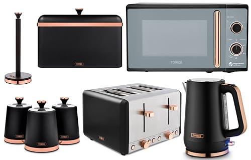 Tower Cavaletto Black & Rose Gold 8 Piece Kitchen Appliance & Storage Set – 1.7L 3KW Kettle, 4 Slice Toaster, 20L 800W Microwave, Bread Bin, 3 Canisters & Kitchen Roll Holder – Matching Kitchen Set