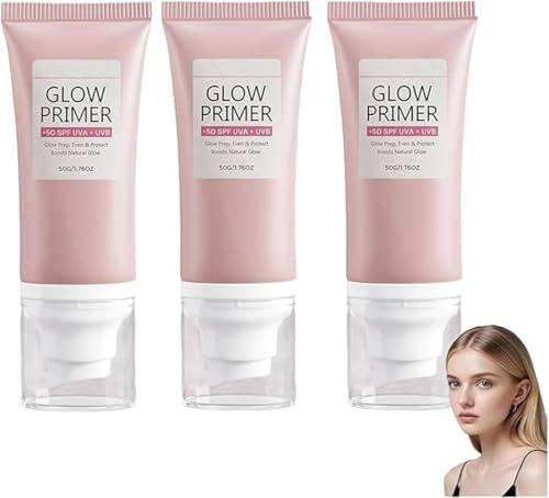 Glow Primer,Illuminating Make-up Base,SPF 50+,Moisturising Face Base,Make-up Base,Hydrating And Nourishing,Lightweight & Seamless,Long-Lasting Wear,for All Skin Types,50g (3 Pcs)