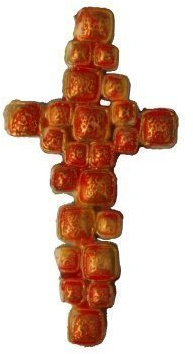 Wachsverzierornament Kreuz in rot, orange und gelb, gold bemalt