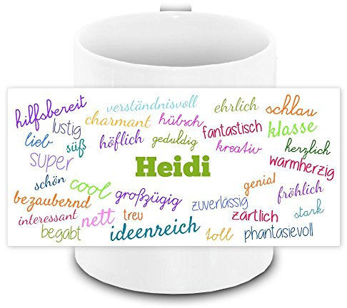 Tasse mit Namen Heidi und positiven Eigenschaften in Schreibschrift, weiss | Freundschafts-Tasse - Namens-Tasse