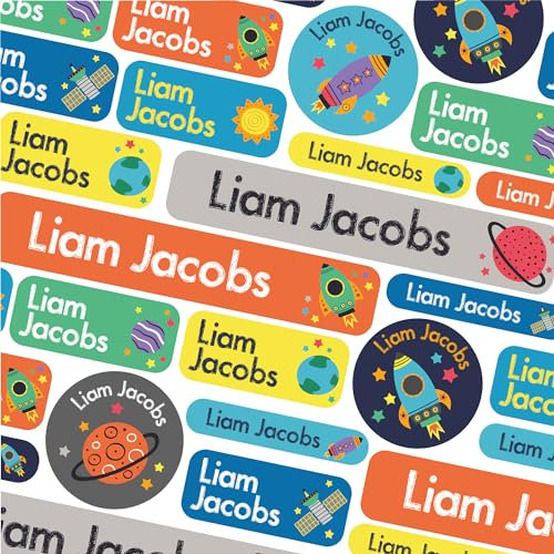 50 Name Labels for Kids No Iron Name Tags for Clothes Name Stickers for Water Bottles, School Uniform, School, Nursery, Care Homes, Washable and Dishwasher Safe for Children (Space)