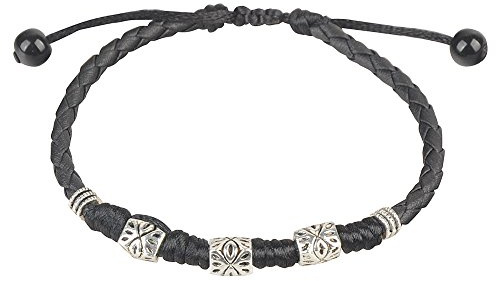 Ancient Tribe Boho Bracelet de Cheville en Cuir Tressé avec Perles Argentées en Relief et Tour de Lumière - Réglable 23cm