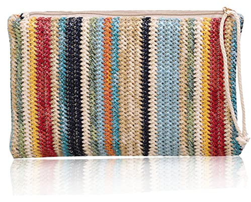Abuyall Girl Vintage Crochet Clutch Woven Beach Envelope Straw Summer Tassel Bag Rainbow