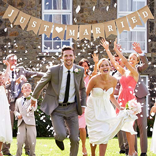 Crazy-M Vintage leinen Just Married Girlande Banner Sackleinen Hochzeit Banner Herz Muster Romantische Hochzeit Dekoration für Hochzeit Brautdusche Wimpelkette Wedding Bunting
