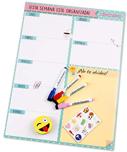 Planificador Semanal Magnético, 4 Rotuladores de Colores, 12 Imanes, 1 Borrador | Calendario Nevera 43x32cm Pizarra Cocina| Organizador Recordatorio Lista de la Compra Menú | Caja regalo(Español)