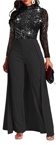 VERWIN Damen-Overall, Patchwork-Overlay, Pailletten, verziert, hohe Taille, Langarm, Schwarz, X-Large