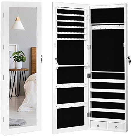 GIANTEX Armoire à Bijoux avec Lumière LED, Porte Bijoux Mural avec Miroir, Rangement Bijoux avec Miroir Porte,Verrouillable,Blanc