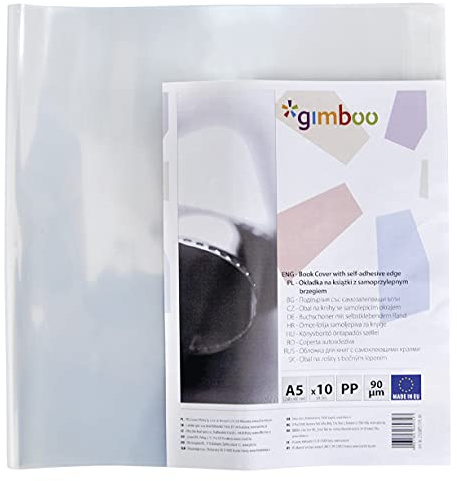 gimboo Buchumschläge Buchhülle Selbstklebendem Rand für Workbooks/10er Set/Transparent/ 25x46cm/ 90μm/Buchschoner für Schulbücher 2335BTS15PL-00