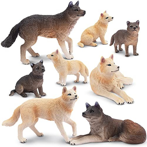 toymany 8PCS Wolf Figures Forest Animals Toy Figurines - Plastic Jungle Zoo Animal Figurines for Kids Boys Girls Age 3-5 6-12