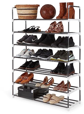 KEPLIN 7 Tier Black Metal Shoe Rack | Space Saving Slim Shoe Storage for Any Footwear, Boot, Trainer, Shoes, | Heavy Duty Shoe Storage | Shoe Organiser for Tidy Wardrobe, Hallway, Bedroom or Bathroom