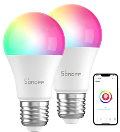 SONOFF B05-BL-A60 Lampadina LED RGB intelligente WIFI e Bluetooth, 800lm 2700K-6500K, telecomando APP, compatibile con Alexa e Google Home, confezione da 2 pz.